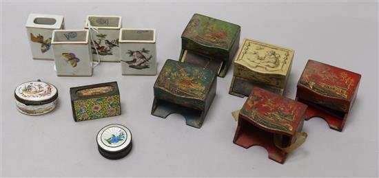 Four Herend matchbox holders, a silver and enamel box, various japanned match holders, etc.